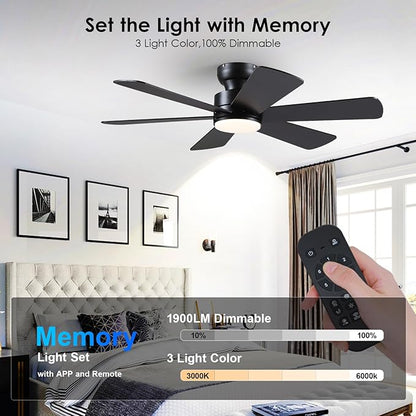 BayDay 46 inch Ceiling Fans with Lights, Black Ceiling Fan with Remote APP, Dual-Sided Modern/Rustic 6 Blades, Reversible, 3CCT, Flush Mount Low Profile Ceiling Fan with Lights Bedroom Kitchen Indoor
