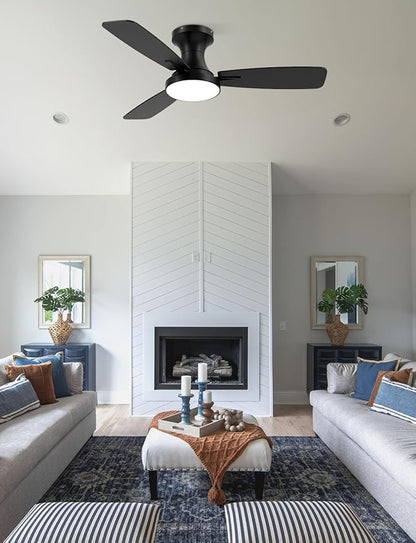42 inch Smart Ceiling Fan with Light, Low Profile Flush Mount with Remote Control, Ultra-Quiet Reversible DC Motor, 3 Color Temperatures & 6 Speed Dimmable Lighting for Bedroom, Black