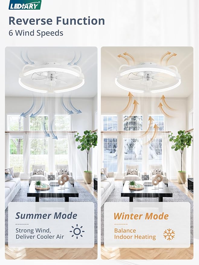 LEDIARY 2 Pack Ceiling Fans with Lights and Remote, 20'' Low Profile Ceiling Fan with Light, 3000-6000K Dimmable Fandelier LED Fan Light, 6 Wind Speeds, White Flush Mount Ceiling Fan for Bedroom