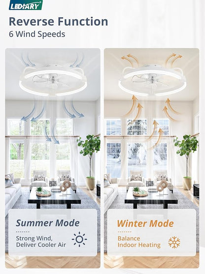 LEDIARY Ceiling Fans with Lights and Remote, 20'' Low Profile Ceiling Fan with Light, 3000-6000K Dimmable Fandelier LED Fan Light, 6 Wind Speeds, White Modern Flush Mount Ceiling Fan for Bedroom