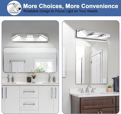 360° Rotate 3-Light LED Bathroom Vanity Light Fixtures, 1300LM Acrylic Chrome Vanity Lights for Bathroom, Modern Wall Lighting Fixtures Over Mirror Kitchen Living Room (Natural White Light 5000K)