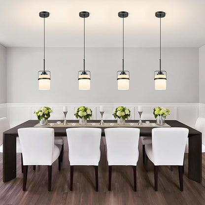 Modern Black Pendant Lights Kitchen Island Light, Adjustable Hanging Light Fixture with Milk Glass Shade, Farmhouse Pendant Light for Dining Room Bar Over Sink/Table/Counter, 2 Pack