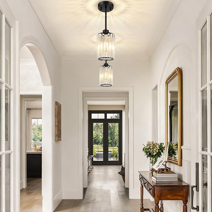MQMQA 1 Pack Black Pendant Lights Kitchen Island, Modern Crystal Chandelier Kitchen Pendant Lighting Over Island, Adjustable Hanging Mini Light Fixtures for Dining Room Hallway Corridor Bedroom