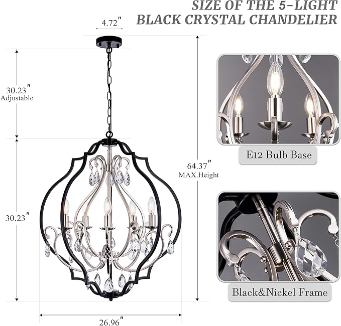 TOCHIC 5 Lights Farmhouse Chandelier, Rustic Orb Chandeliers for Dining Room, Black Crystal Chandelier Light Fixture for Living Room, Bedreoom, Hallway, Nickel, D 27"