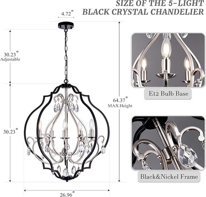 TOCHIC 5 Lights Farmhouse Chandelier, Rustic Orb Chandeliers for Dining Room, Black Crystal Chandelier Light Fixture for Living Room, Bedreoom, Hallway, Nickel, D 27"