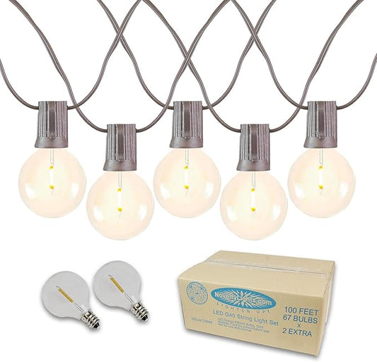 Novelty Lights 100 Feet G40 LED Patio String Light Set with 67 Bulbs, Warm White, Weather Resistant and Shatterproof Replaceable Plastic Globe Bulbs, Brown Wire
