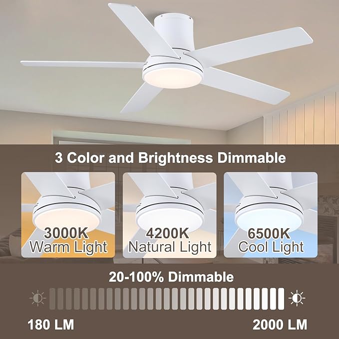 52 Inch Ceiling Fans with Lights and Remote, Flush Mount White Ceiling Fan for Bedroom Living Room Indoor/Outdoor, Quiet 6 Speed Reversible DC Motor, 3CCT, Dual Color 5 Blades, ETL Listed