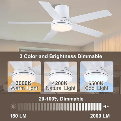 52 Inch Ceiling Fans with Lights and Remote, Flush Mount White Ceiling Fan for Bedroom Living Room Indoor/Outdoor, Quiet 6 Speed Reversible DC Motor, 3CCT, Dual Color 5 Blades, ETL Listed