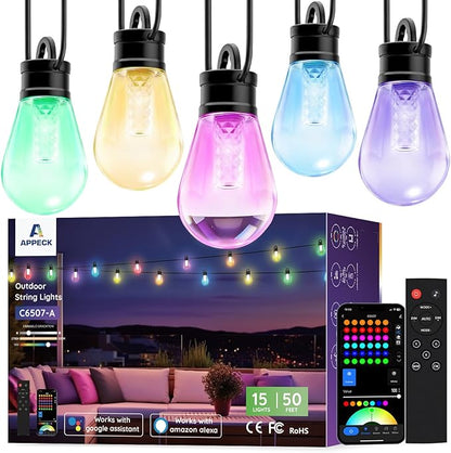 APPECK Outdoor String Lights, 50ft Smart RGBW Patio Lights Outside with 15 LED Bulbs, Extendable, 111 Scene Modes, IP65 Waterproof Lighting for Backyard, Dimmable Warm White, Compatible with Alexa