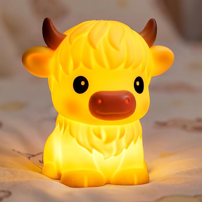 BPA-Free Silicone丨Huggwaii Highland Cow Night Light for Kids, Dimmable Squishy Night Light Touch Cow Lamp, Highland Cow Gifts for Nursery, 30 Auto-Off Timer, Cute Room Decor for Boys Girls Women