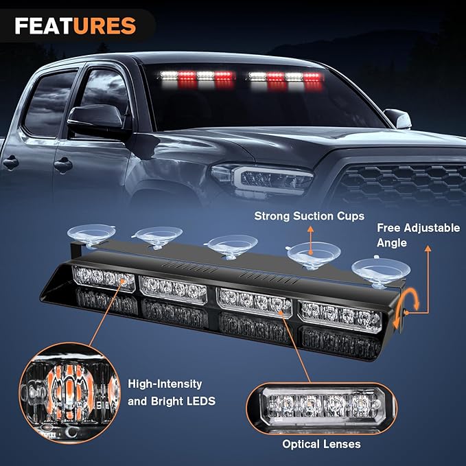 Nilight 32LED Red White Emergency Dash Strobe Lights with Controller Suction Cups Warning Hazard Interior Front/Rear Windshield Deck Split Light Bar for Truck Construction Vehicles