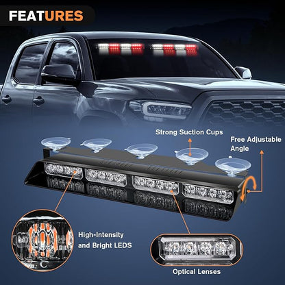 Nilight 32LED Red White Emergency Dash Strobe Lights with Controller Suction Cups Warning Hazard Interior Front/Rear Windshield Deck Split Light Bar for Truck Construction Vehicles