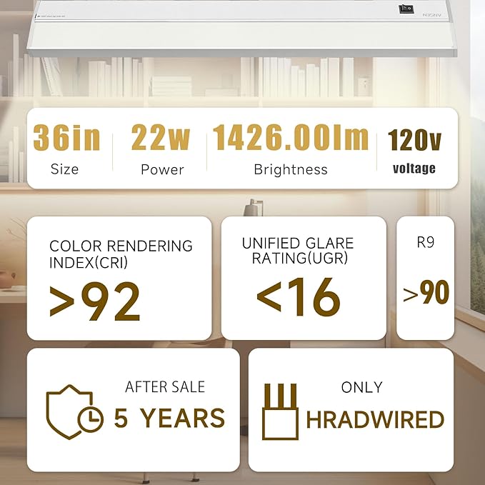 Ansen Hardwired Under Cabinet Lighting, 36in 22W LED Light for Kitchen/Closet, 1426lm, CRI>92, R9>90, Dimmable, 5 Color Temperature, 2700K-5000K(Warm White, Cool White, Daylight)