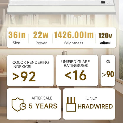 Ansen Hardwired Under Cabinet Lighting, 36in 22W LED Light for Kitchen/Closet, 1426lm, CRI>92, R9>90, Dimmable, 5 Color Temperature, 2700K-5000K(Warm White, Cool White, Daylight)