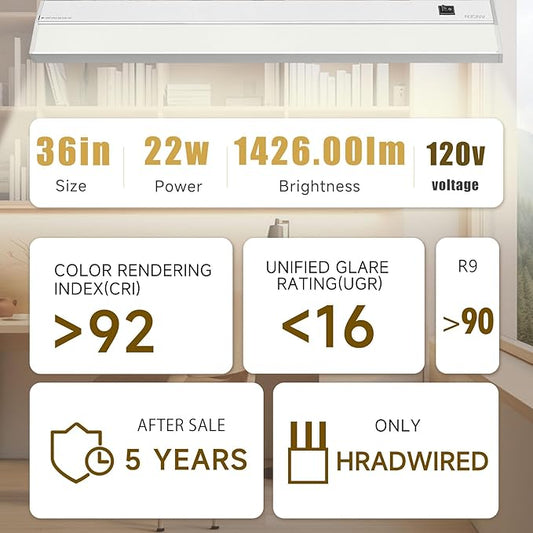 Ansen Hardwired Under Cabinet Lighting, 36in 22W LED Light for Kitchen/Closet, 1426lm, CRI>92, R9>90, Dimmable, 5 Color Temperature, 2700K-5000K(Warm White, Cool White, Daylight)