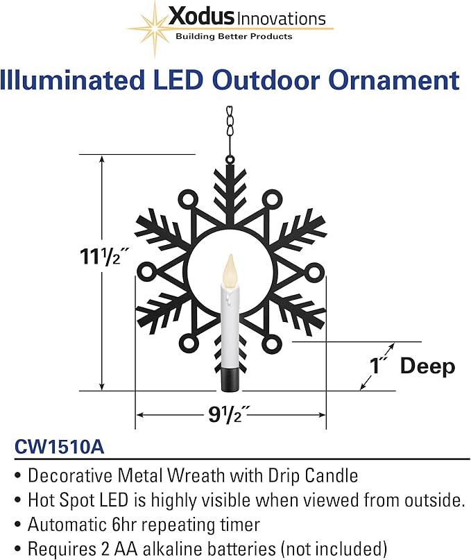 Xodus Innovations CW1510A 4 Battery Powered Metal Snowflake Window Wreaths with Hot Spot Flameless Candle Light and Automatic Timer