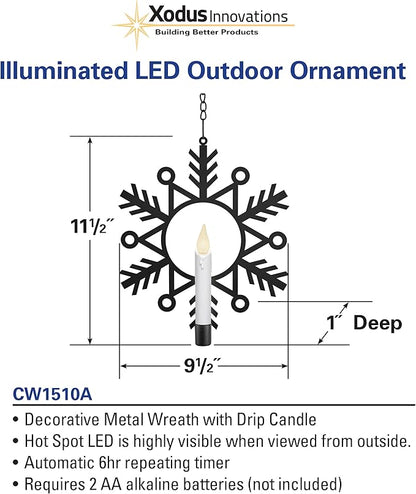 CW1510A Battery Powered 12 Inch Metal Snowflake Window Wreath with Hot Spot Flickering Flameless Candle Light and Automatic Timer,