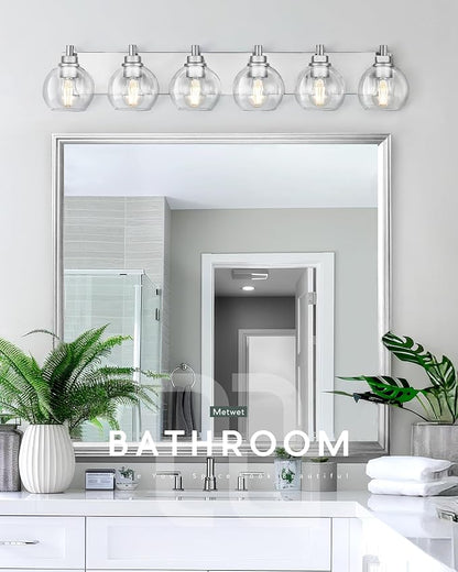 Bathroom Light Fixtures, 6 Light Brushed Nickel Vanity Light, 38 Inch Modern Wall Sconces with Globe Clear Glass Shade, Vanity Lighting Fixtures Over Mirror, VL195-BN-6