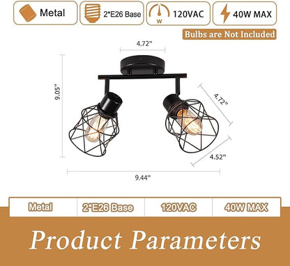2 Lights Adjustable Multi-Directional Black Light Fixtures, Semi Flush Mount Ceiling Light, Kitchen Light Fixtures Ceiling Mount, Geometric Metal Cage Industrial Spotlight Fixtures for Dining Room