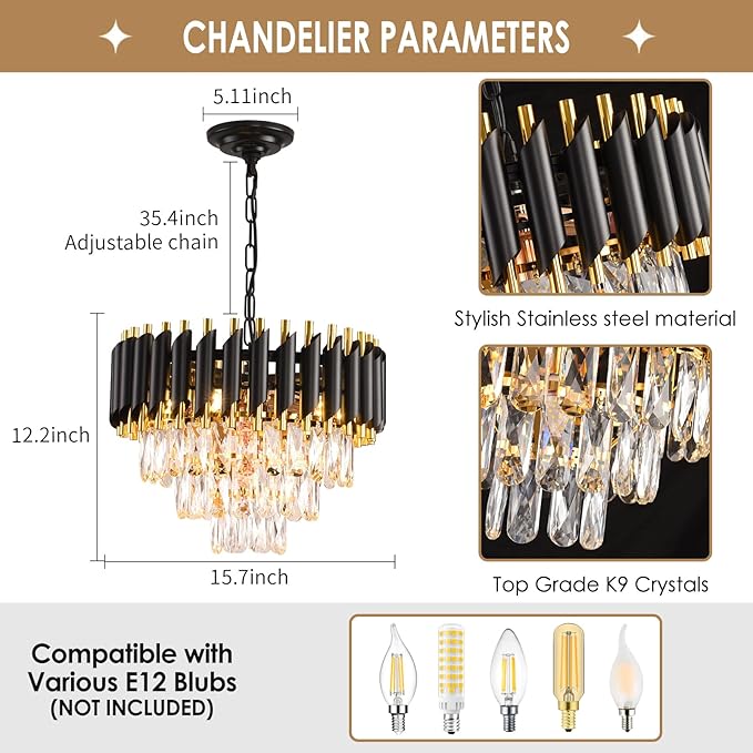 Modern Crystal Chandeliers 15.7”Gold Contemporary Crystal Ceiling Lights Fixtures 3-Tiers 5 Lights Black Round Chandelier Pendant Light Fixtures for Entryway Living Room Dining Room Bedroom