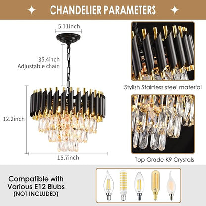Modern Crystal Chandeliers 15.7”Gold Contemporary Crystal Ceiling Lights Fixtures 3-Tiers 5 Lights Black Round Chandelier Pendant Light Fixtures for Entryway Living Room Dining Room Bedroom