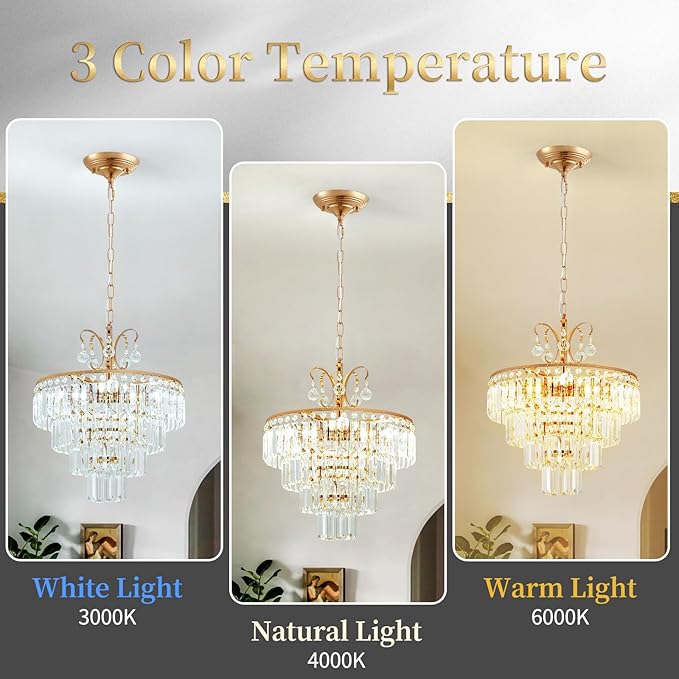 4 -Lights Crystal Chandelier,20'' Gold Crystal Chandeliers,4 Tier Semi Flush Mount Chandelier Modern Luxury Gold Flush Mount for Living Room Dining Bedroom Kitchen E12 Base