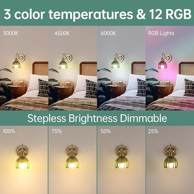 Shenmoyl Vintage Battery Operated Wall Sconce, 5000mAh Rechargeable Wall Light, Indoor Battery Powered Wall Lamp for Bedside Bedroom Living Room, Tulip Green