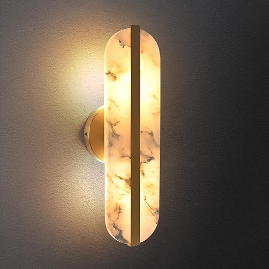 15.7" Natural Alabaster Wall Sconces Marble Wall Sconces Gold Bathroom Vanity Wall Light Fixtures Modern Oval Stone Wall Lamp for Bedroom Living Room Hallway Restaurant Stairs