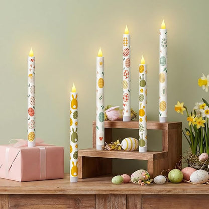 Honoson 6 Pcs Easter Flameless Taper Candles 10.6 Inch Colorful Egg Bunny Candles Battery Operated LED Candlesticks for Easter Dinner Table Home Party Decor