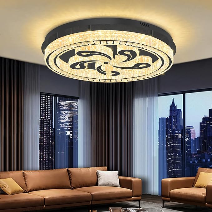 Modern Crystal Chandeliers for Dining Room Flush Mount Ceiling Chandelier for Living Room Dining Room Ring LED Crystal Ceiling Light (Round,32in Black,Dimmable 2700K-6500K)