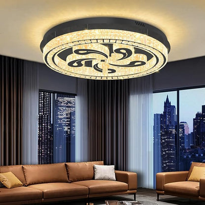 Modern Crystal Chandeliers for Dining Room Flush Mount Ceiling Chandelier for Living Room Dining Room Ring LED Crystal Ceiling Light (Round,32in Black,Dimmable 2700K-6500K)
