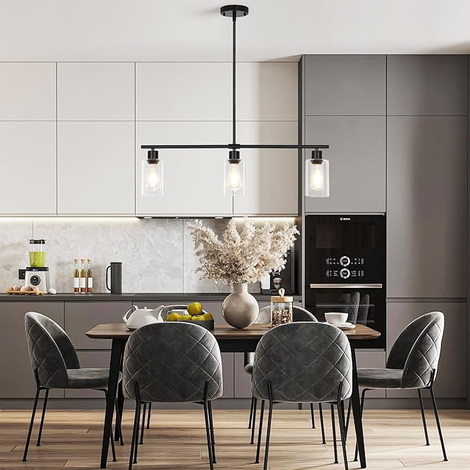 3-Light Kitchen Island Lighting, Farmhouse Dining Room Light Fixtures Over Table, Modern Brushed Nickel Island Lights Over Island, Linear Chandelier Hanging Ceiling Pendant Light Fixtures for Kitchen