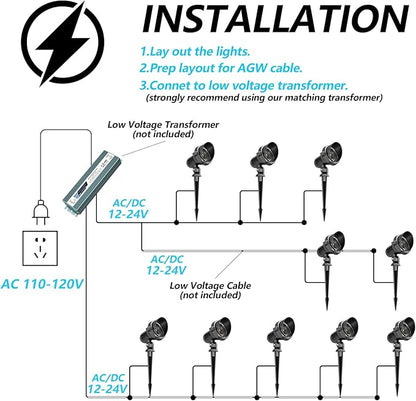 LED Landscape spotlights Yard: 10W MR16 Low Voltage Landscape Lights 12-24V 3000K Warm White - Outdoor Garden Driveway wall Lighting for Contractors - 12 Pack