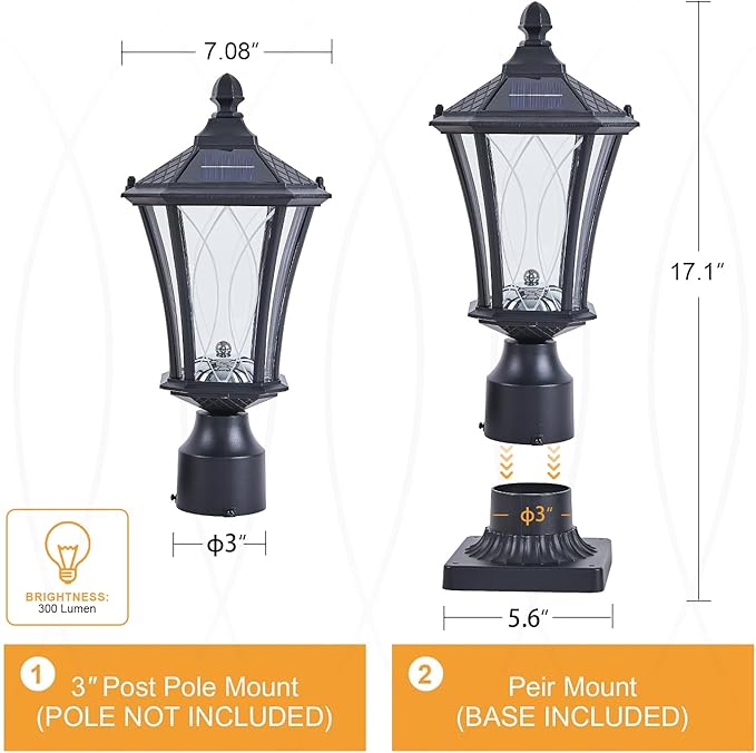 2 Pack Solar Post Lights with Pier Mount Base with Dusk to Dawn Sensor, Outdoor Pillar Lights with Toggle Switch Control, Waterproof Exterior Pole Lamps Head for Driveway, Patio, Garden, Black