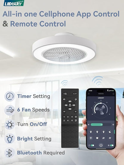 LEDIARY 20 Inch Low Profile Ceiling Fan With Light, Led Bladeless Ceiling Fans, Remote Control Enclosed Flush Mount Ceiling Fan With Timming, 3000-6000K, 6 Wind Speed, 3000LM, 57W-White