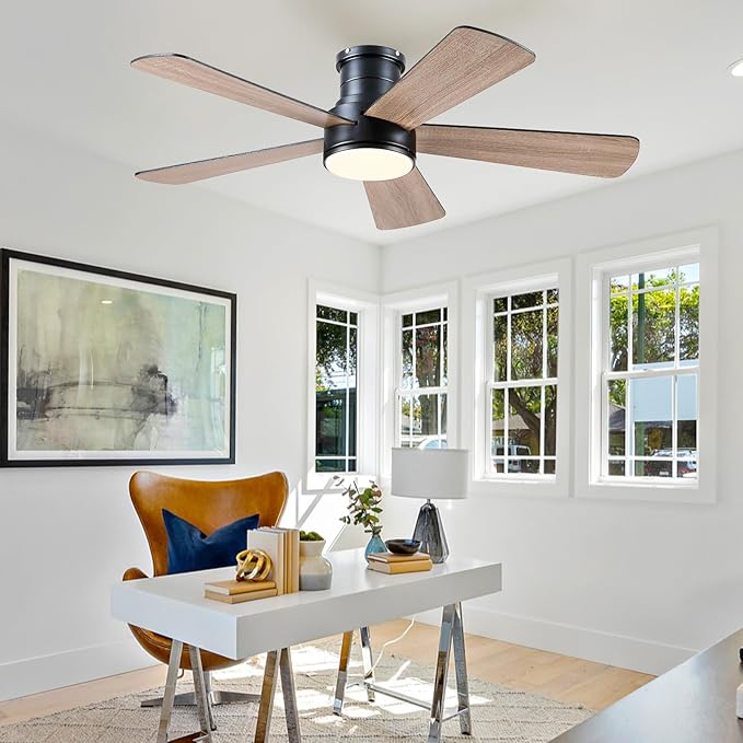 Hounberi 46 Inch Flush Mount Ceiling Fan with Lights and Remote, Modern Quiet DC Motor Low Profile Ceiling Fan for Low Ceilings, 5 Reversible Blades, 6 Speeds Dimmable, Indoor Outdoor Bedroom, Black