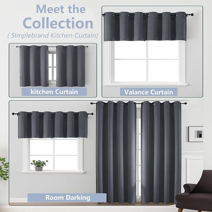 Simplebrand Grey Kitchen Valances for Windows 18 Inches Long 2 Pack, Room Darkening Window Valances for Living Room, Grommet Short Straight Drape Kitchen Curtains for Bedroom Kids Room, 40Wx18L
