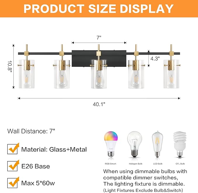 SOLFART 40.1 inch Vintage Brass Bathroom Vanity Light fixtures Bathroom Wall Lights Over Mirror with Glass Shade 5 Light