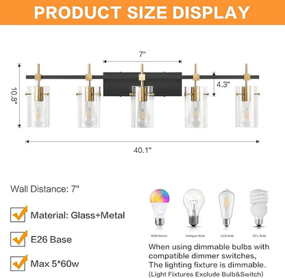 SOLFART 40.1 inch Vintage Brass Bathroom Vanity Light fixtures Bathroom Wall Lights Over Mirror with Glass Shade 5 Light