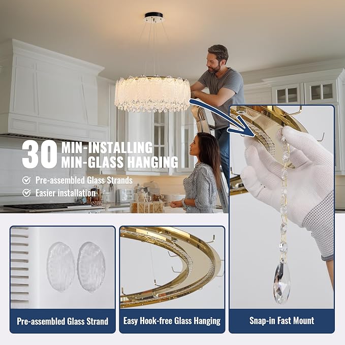 Drum Chandelier for Dining Room,24-ihch Modern Gold Drum Glass Chandeliers,Luxury Crystal Glass Pendant Ceiling Lighti for Foyer Living Room Bedroom