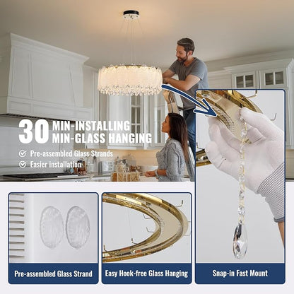 Drum Chandelier for Dining Room,24-ihch Modern Gold Drum Glass Chandeliers,Luxury Crystal Glass Pendant Ceiling Lighti for Foyer Living Room Bedroom