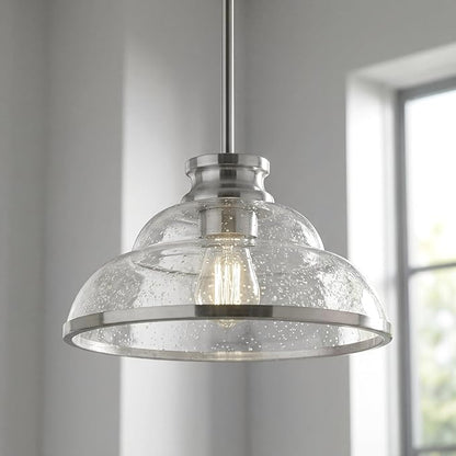 kudos Pendant Lights Kitchen Island, 11" Brushed Nickel Kitchen Island Lighting with Seeded Glass, Farmhouse Pendant Light fixtures for Kitchen Sink Dining Room Hallways, KDPL14-BN