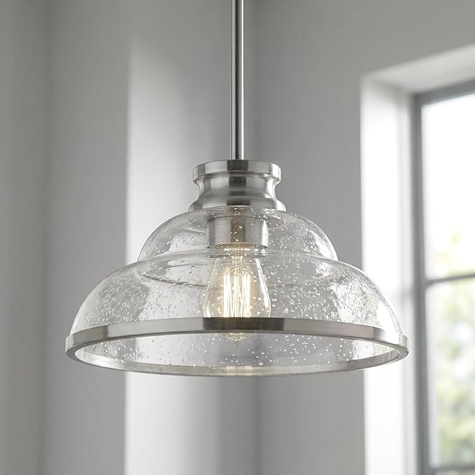 kudos 2 Pack Pendant Lights Kitchen Island, 11" Brushed Nickel Kitchen Island Lighting with Seeded Glass, Farmhouse Hanging Light Fixture for Kitchen Sink Dining Room Hallways, KDPL14-BN-2PK