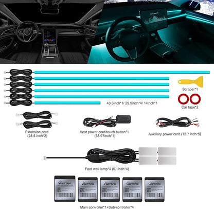RGB Acrylic Interior Car LED Strip Light with Wireless APP, 10 in 1 with 175 inches 593 LEDs Neon LED Strip Light, 16 Million Colors Dynamic Music Sync Car Ambient Lighting Kits