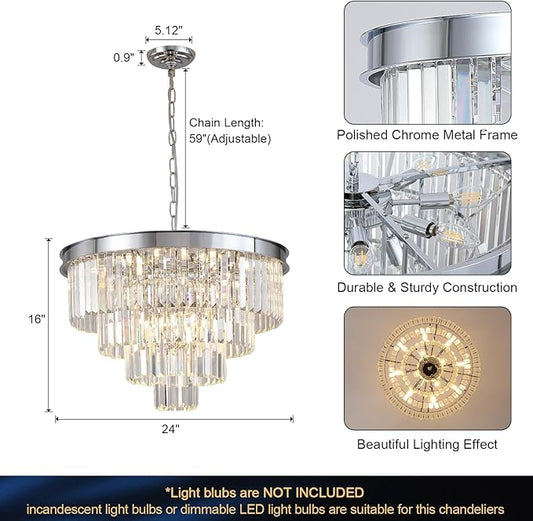 A AXILIXI Chrome Crystal Chandelier 24” Modern Chandelier for Dining Room Round Ceiling Pendant Light Fixture 4 Tiers 12 Lights Luxury Large Chandelier for Entryway Living Room Bedroom