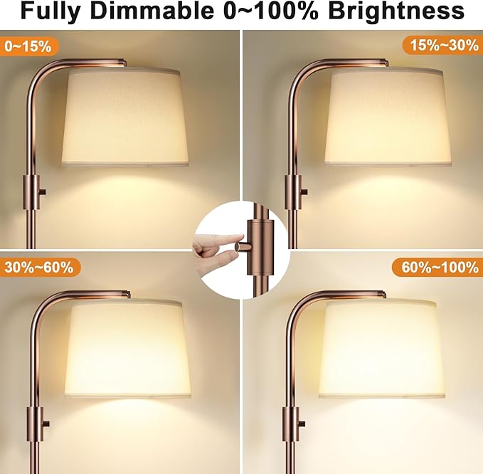 Ambimall Fully Dimmable Floor Lamp with 9W LED Bulb - Standing Lamp for Living Room with Adjustable Head, Modern Tall Light with Rotary Switch for Office, Brown and White