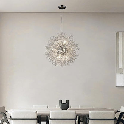 Modern Farmhouse Chandelier, Sputnik 12-Light Crystal Hanging Light, Round Firework Dandelion Pendant Lights for Living Room Bedroom Dining Room Kitchen Island Entryway (Chrome, D21.6inch)