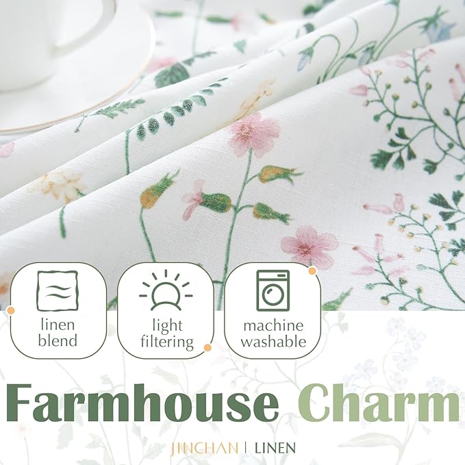 jinchan Spring Floral Kitchen Curtain Over Sink Farmhouse Linen Tier Curtain 24 Inch Length Cafe for Living Room Bathroom Botanical Small Drapes Rustic Light Filtering Rod Pocket 1 Panel Sage Green