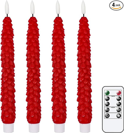 GenSwin Christmas Tree Flameless Taper Candles Flickering with Remote Timer, Real Wax LED Battery Operated Candles Warm 3D Wick Christmas Home Wedding Decor(Red, 0.78 X 9.64 Inch)