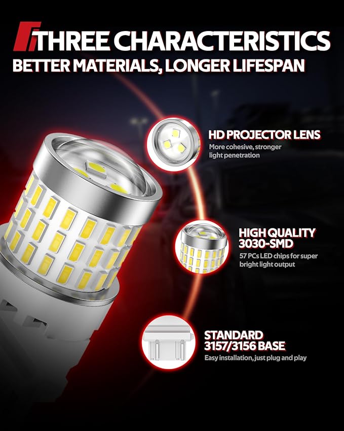 Torchbeam Upgraded 3157 LED Reverse Light Bulbs 6000K White - Super Bright 3000LM Backup Brake Tail Lights, 3156 4157 3057 3457 4114 Replacement Bulbs with HD Projector, DRL Parking Lights (2 Pcs)